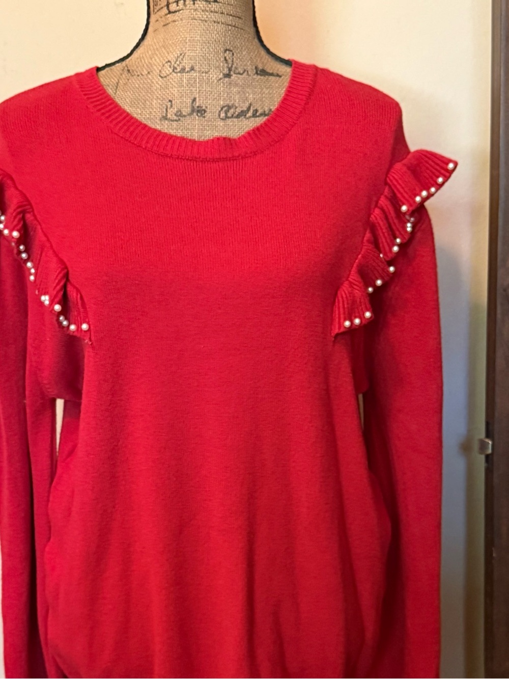 Red Pearl-Trim Ruffle Sweater - Women - Picture 4 of 7